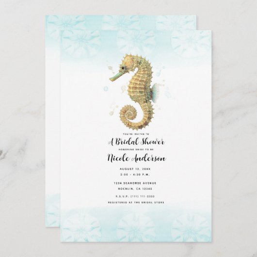 Zeepaardje Teal & Goud Waterverf Bruidsdouche Kaart (Voorkant / Achterkant)