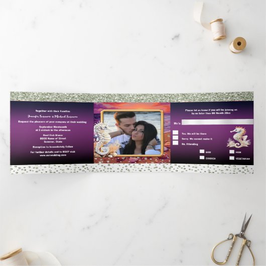 Zeepaardje tropisch eiland zonsopgang zonnestrand drieluik uitnodiging (Binnen)