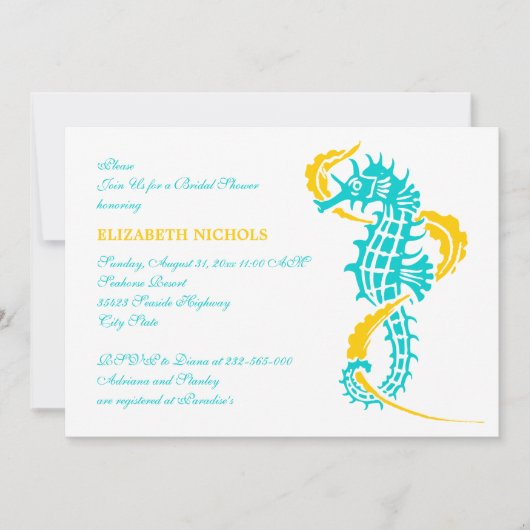Zeepaardje turquoise, geel bruiloft vrijgezellenfe kaart (Voorkant)
