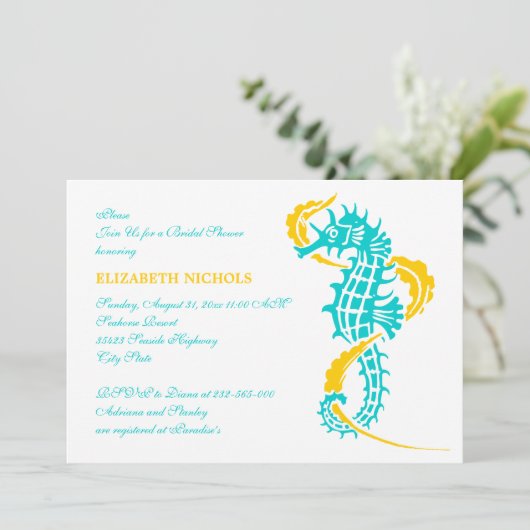 Zeepaardje turquoise, geel bruiloft vrijgezellenfe kaart (Staand voorkant)