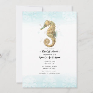 Zeepaardje Turquoise & Goud Waterverf Bruidsdouche Kaart