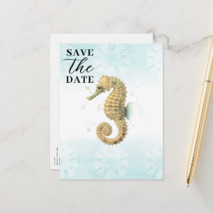 Zeepaardje Turquoise & Goud Waterverf Save the Dat Aankondigingskaart