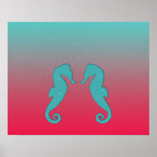 Zeepaardje turquoise silhouetten Eenvoudig Nautisc Poster