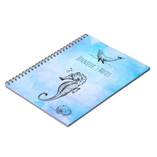 Zeepaardje, walvis en zeeschok op blauwe Waterverf Notitieboek (Linkerzijde)