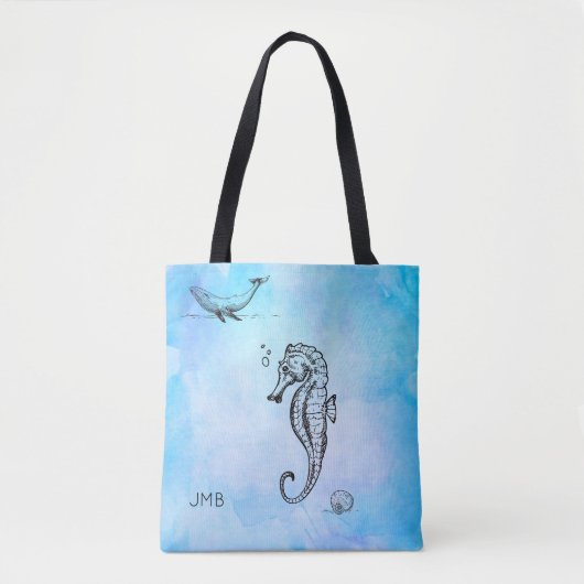 Zeepaardje, walvis en zeeschok op blauwe Waterverf Tote Bag (Voorkant)