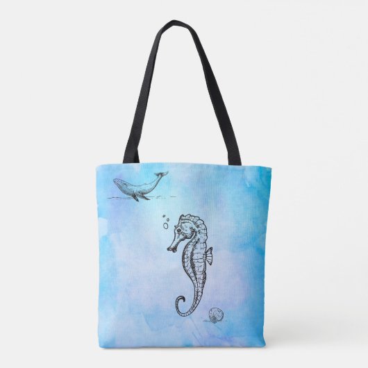 Zeepaardje, walvis en zeeschok op blauwe Waterverf Tote Bag (Achterkant)