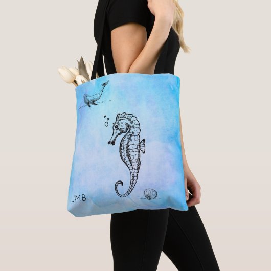 Zeepaardje, walvis en zeeschok op blauwe Waterverf Tote Bag (Dichtbij)