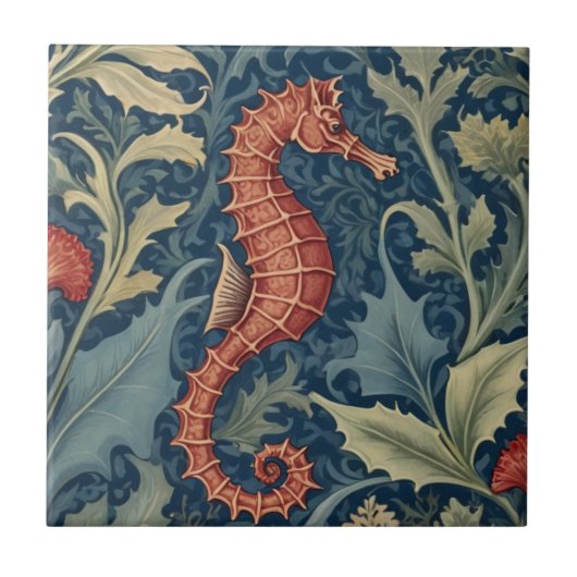 Zeepaardje William Morris stijl R Zee Ocean Marine Tegeltje (Voorkant)
