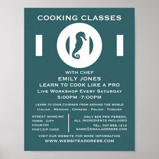 Zeepaardje, zeevoedsel, kookklassen Adverteren Poster (Voorkant)