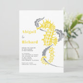 Zeepaardje, zeewier geel en grijs strand bruiloft kaart (Staand voorkant)