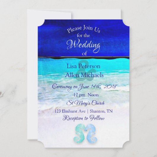 Zeepaardjes Blue Beach Bruiloft uitnodigingen (Voorkant)