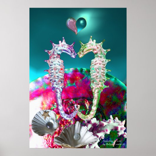 ZEepaARdJES IN LIEFDE, ROZE TEAL BLAUW PARELMOER Poster (Voorkant)