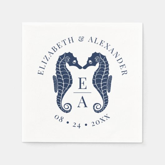 Zeepaardjes Monogram Strand Trouwen Navy Blauw Servet (Voorkant)