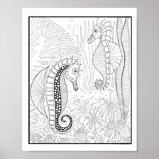 Zeepaardjes Onderwater Scène Kleurplaat Art Poster (Voorkant)