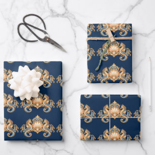 Zeepaardjes patroon blauw oranje decoupage inpakpapier vel