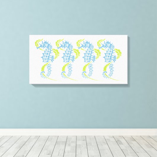 Zeepaardjes schemerblauw, limoengroen en zeewier canvas afdruk (Insitu (Houten vloer))