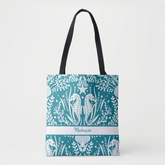 Zeepaardjes Zee Blauwgroen blauw Blauw Jouw naam Tote Bag (Voorkant)