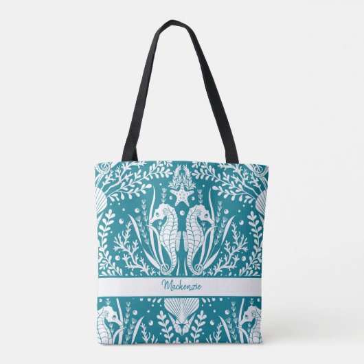 Zeepaardjes Zee Blauwgroen blauw Blauw Jouw naam Tote Bag (Achterkant)