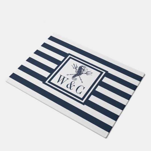 Zeepaardmonogram Nautical Monogram Navy Blue Strip Deurmat (Schuin)
