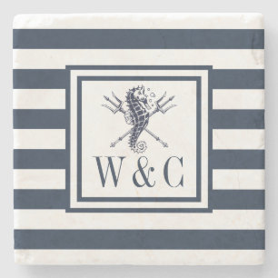 Zeepaardmonogram Nautical Monogram Navy Blue Strip Stenen Onderzetter
