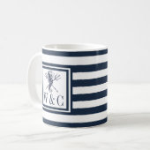 Zeepaardmonogram Navy Blue Stripe Nautical Koffiemok (Voorkant links)
