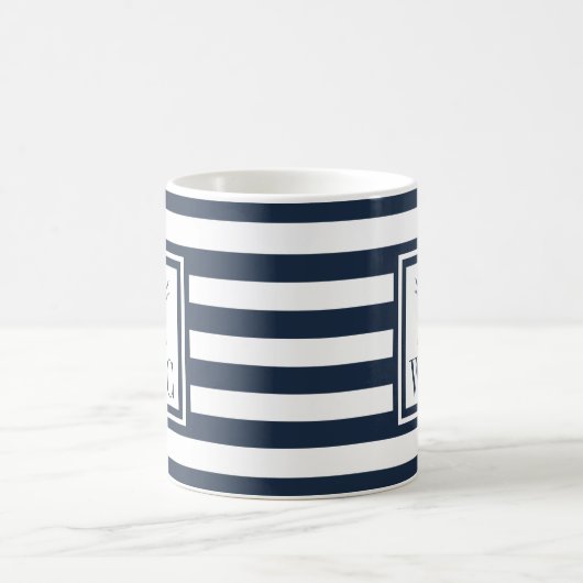 Zeepaardmonogram Navy Blue Stripe Nautical Koffiemok (Center)