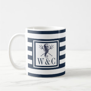 Zeepaardmonogram Navy Blue Stripe Nautical Koffiemok