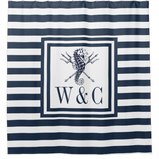 Zeepaardmonogram Navy Blue Striped Nautical Douchegordijn (Voorkant)