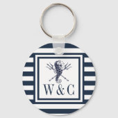 Zeepaardmonogram Navy Blue Striped Nautical Sleutelhanger (Voorkant)
