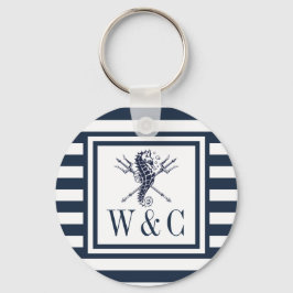 Zeepaardmonogram Navy Blue Striped Nautical Sleutelhanger