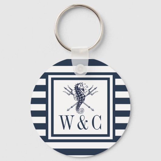 Zeepaardmonogram Navy Blue Striped Nautical Sleutelhanger (Voorkant)