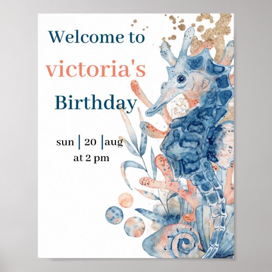 Zeepaardschelp onder de zee babyjongen douche poster (Voorkant)