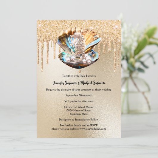 Zeepaardschelp parel gouden glitter sprankelend kaart (Staand voorkant)