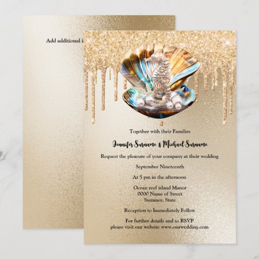 Zeepaardschelp parel gouden glitter sprankelend kaart (Voorkant / Achterkant)