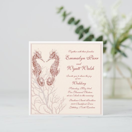 zeepaardstrand - bruin trouwfeest - uitnodiging (Staand voorkant)