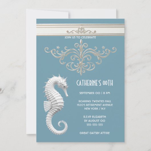 Zeepaardthema zomerstrand verjaardag blauw wit kaart (Voorkant)