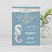 Zeepaardthema zomerstrand verjaardag blauw wit kaart (Staand voorkant)