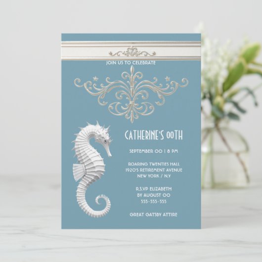 Zeepaardthema zomerstrand verjaardag blauw wit kaart (Staand voorkant)