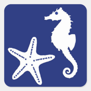 Zeepaardvis, marineblauw en wit vierkante sticker