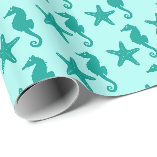 Zeepaardvis — turquoise en aqua cadeaupapier (Rol Hoek)