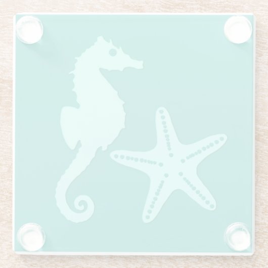 Zeepaardvis — turquoise en aqua glazen onderzetter (Achterkant)