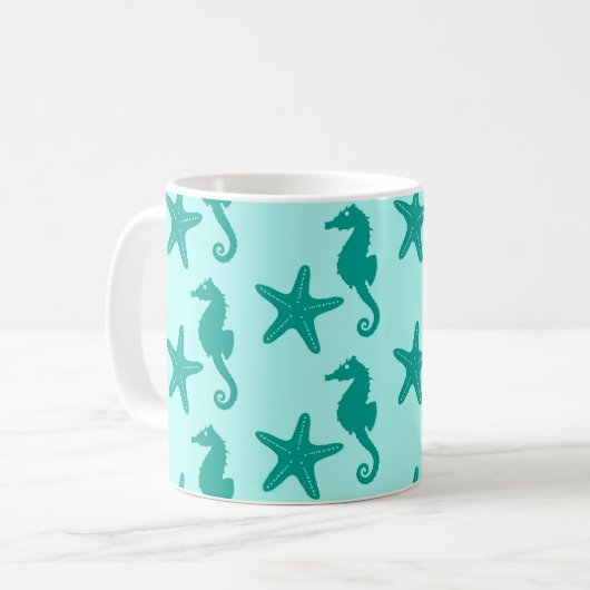 Zeepaardvis — turquoise en aqua koffiemok (Voorkant links)
