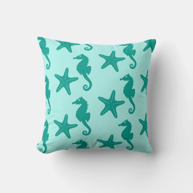 Zeepaardvis — turquoise en aqua kussen (Voorkant)