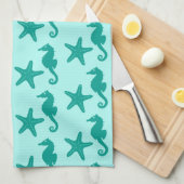 Zeepaardvis — turquoise en aqua theedoek (Quarter Fold)