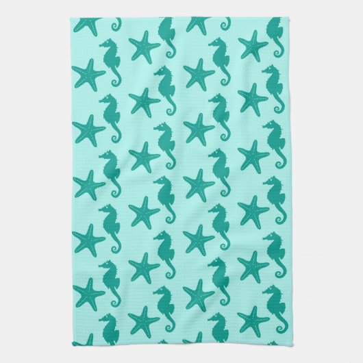 Zeepaardvis — turquoise en aqua theedoek (Verticaal)