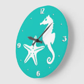 Zeepaardvis - wit op turquoise grote klok (Hoek)