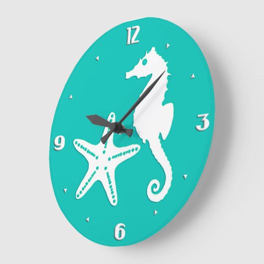 Zeepaardvis - wit op turquoise grote klok (Hoek)