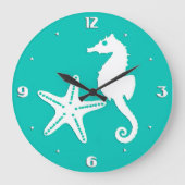 Zeepaardvis - wit op turquoise grote klok (Voorkant)