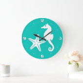 Zeepaardvis - wit op turquoise grote klok (Huis)