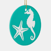 Zeepaardvis - wit op turquoise keramisch ornament (Rechts)